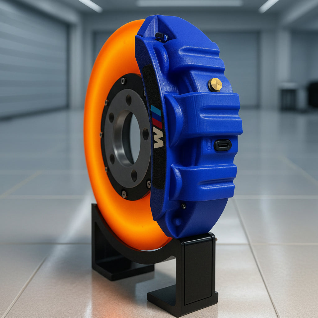 Blue and orange brake rotor on a stand with blurred background