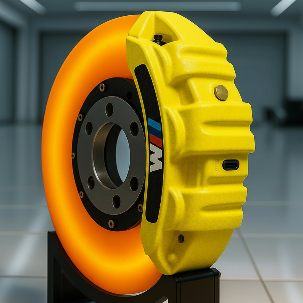 Yellow and orange brake disc with BMW logo on a stand
