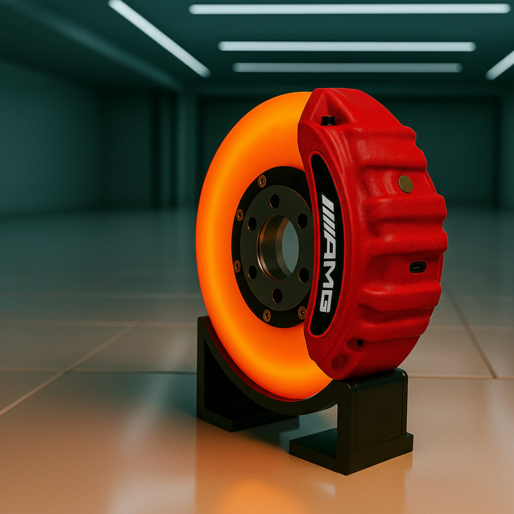 Orange and red brake disc on a stand with a blurred background